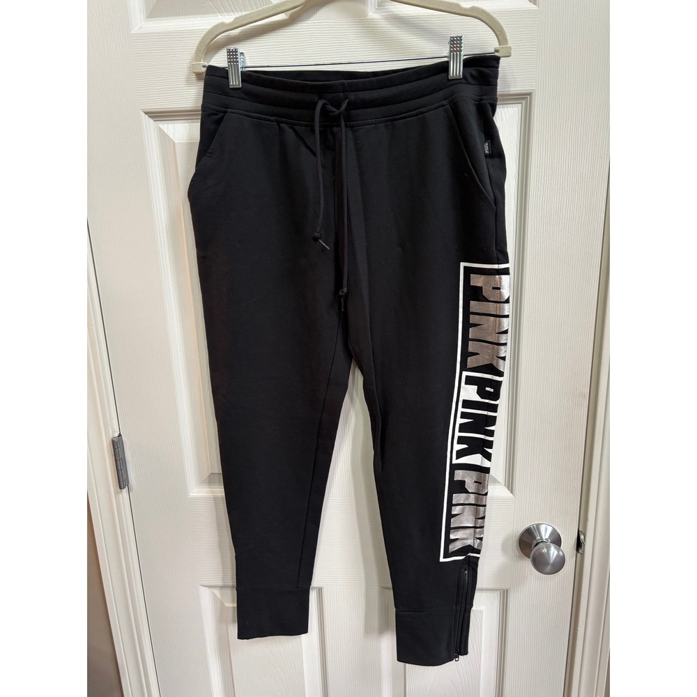 Victoria's Secret Womens PINK Black Silver Metallic Logo Ankle Zip Joggers MED
